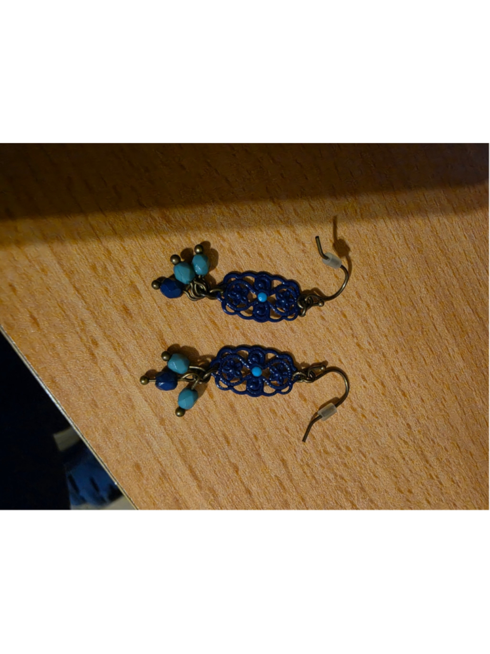 Vintage Blue Filigree Floral Dangle Earrings Turquoise Beads Boho Pierced